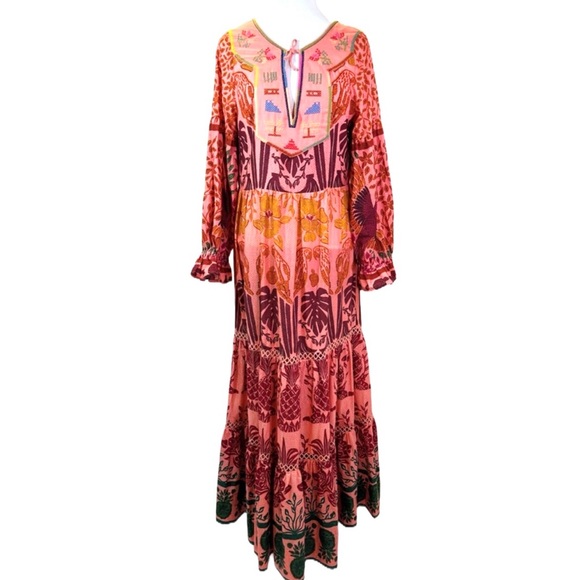 FARM Rio Dresses & Skirts - Farm Rio Boho Anika Macaws NEW Maxi Dress Sz XS Cotton Orange & Pink Long Sleeve